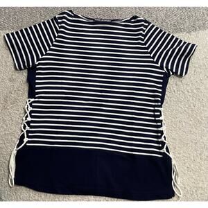Nina Leonard Womens Medium Short Sleeve Striped Lace Up Top Blue White Nautical